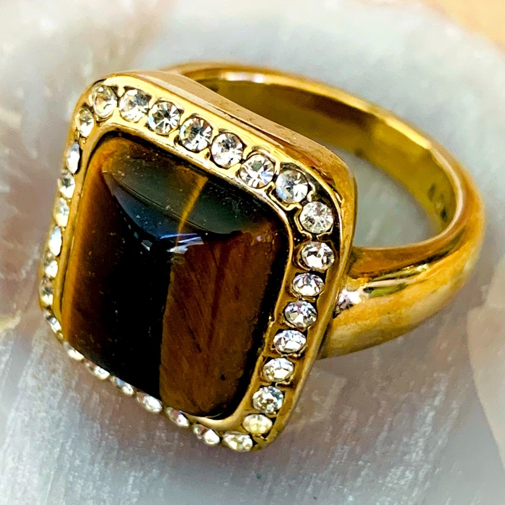 Monet Tigers Eye Agate Golden Cocktail Ring SZ 7